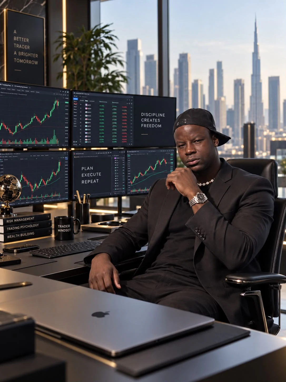 Loukmane Gouem, Founder of LionCapitalFX, at the Dubai multi-monitor trading desk overlooking Downtown Dubai skyline